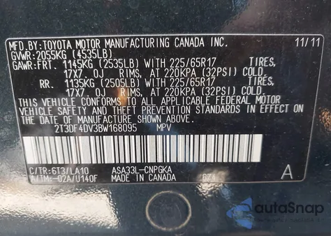 2011 Toyota Rav4 Limited from USA, damaged, VIN 2T3DF4DV3BW168095